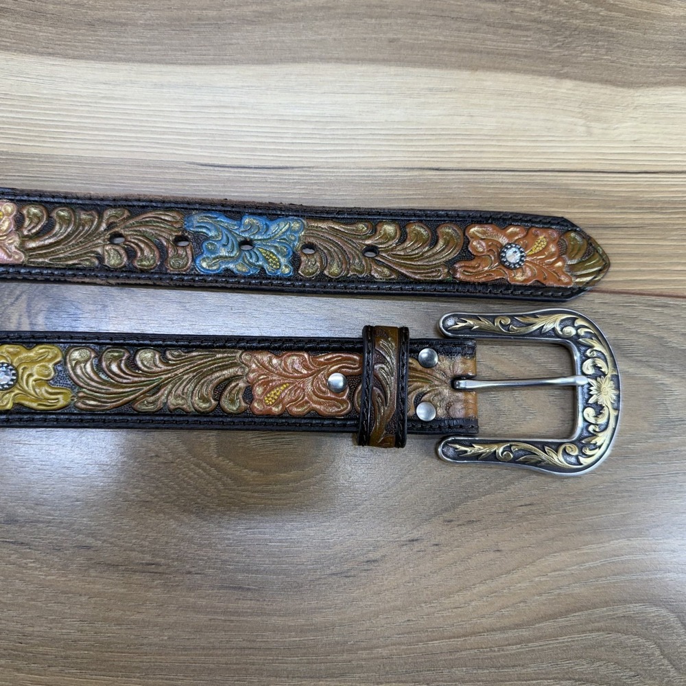 Western Tooled Leather Womens Belt XL Floral Embossed Rhinestones Cowgirl Boho - Picture 5 of 7